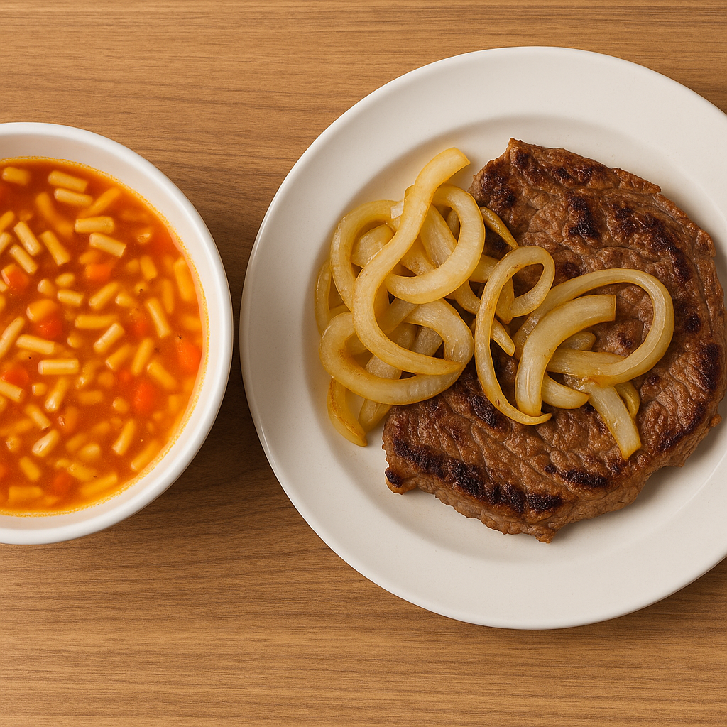 Sopa de pasta + Bistec encebollado